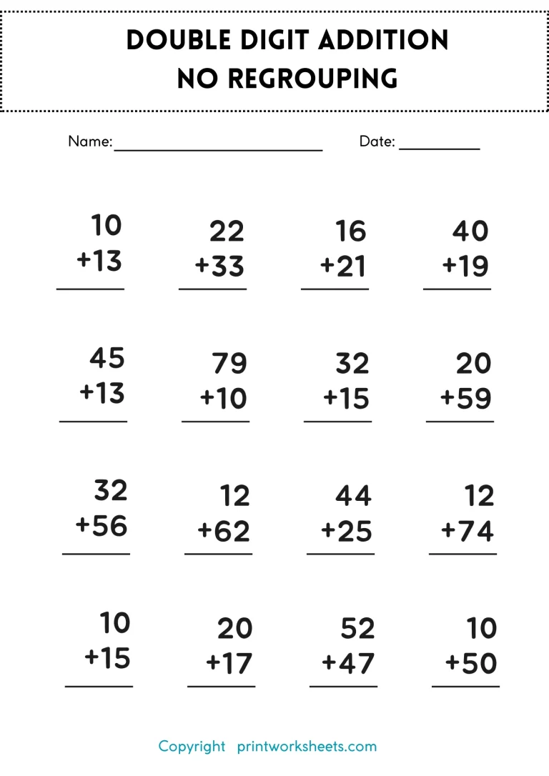Double-Digit Addition Practice Sheet (No Regrouping)