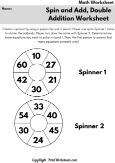 Double Digit Addition Worksheet - Double Digit Addition Game Worksheets: Spin and Add (Grade 2) | Free Printable