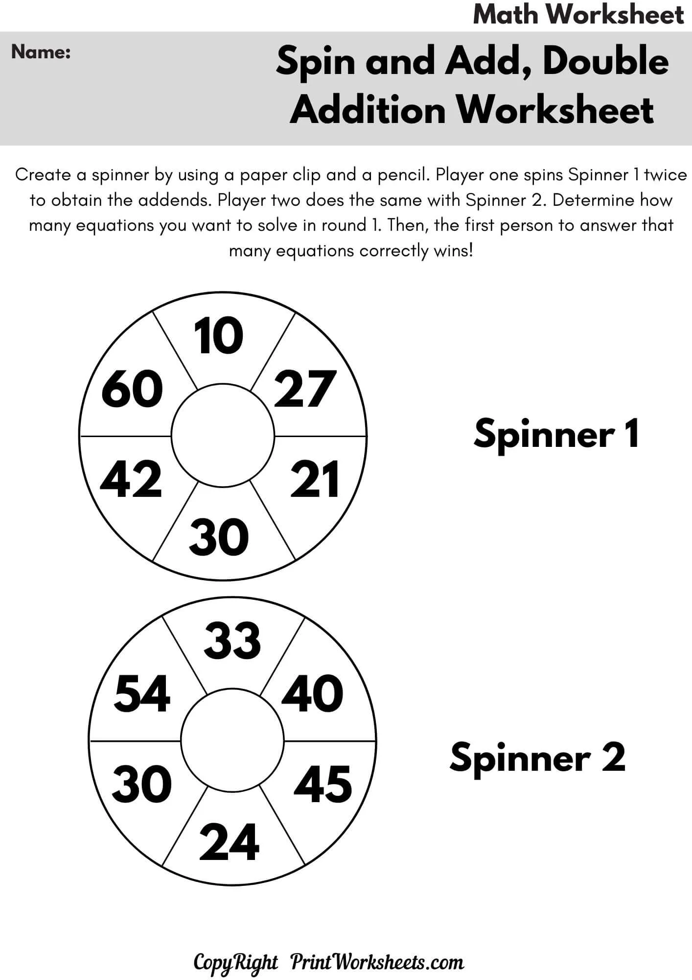 Double Digit Addition Worksheet - Double Digit Addition Game Worksheets: Spin and Add (Grade 2) | Free Printable