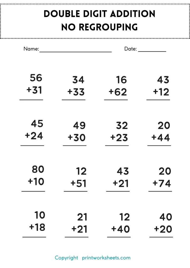 Double-Digit Addition Practice Sheet (No Regrouping)