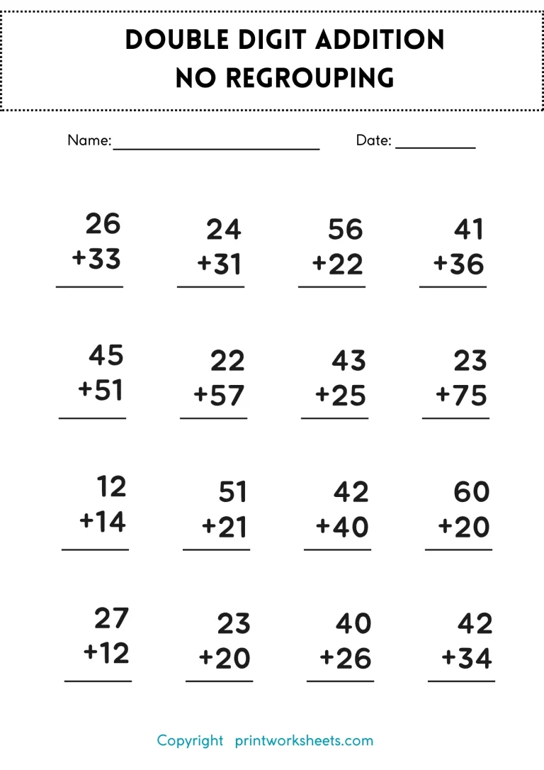 Double-Digit Addition Practice Sheet (No Regrouping)