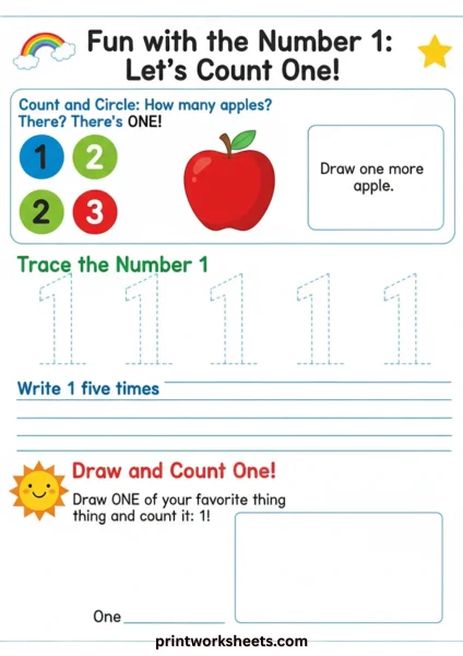 Kindergarten Number Counting Worksheet Let’s Learn the Number 1!