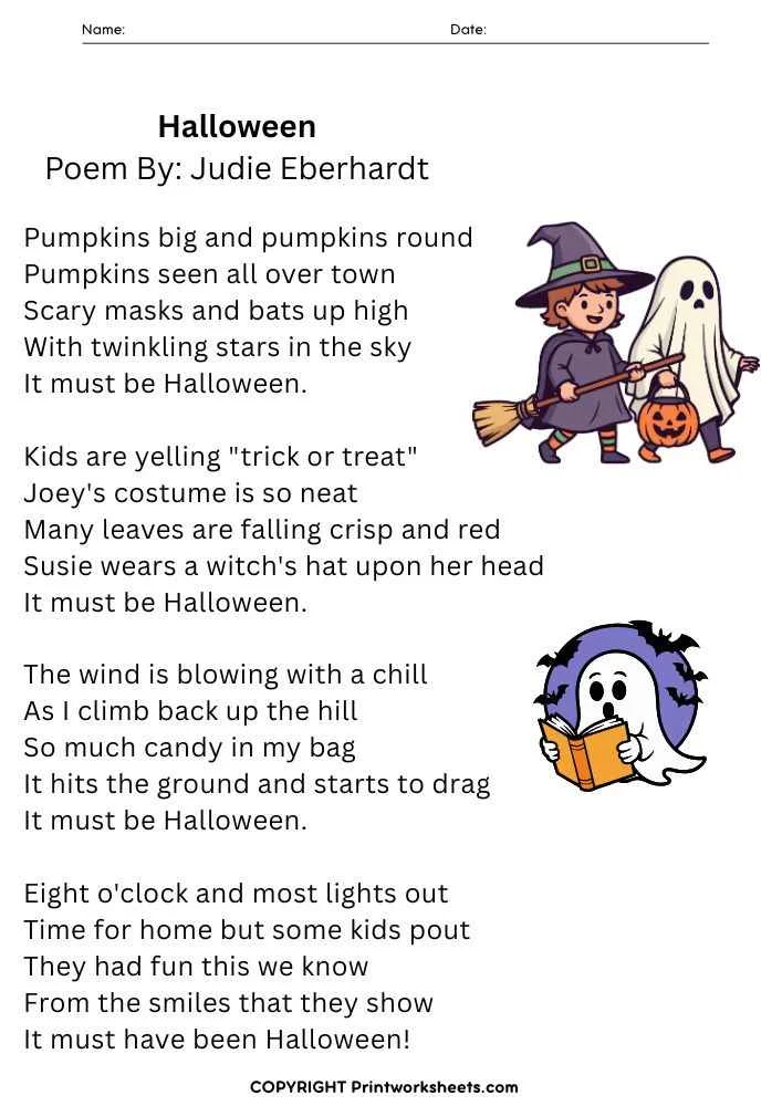 Printable Halloween reading comprehension worksheet for third grade with a fun poem and questions about pumpkins, costumes, and trick-or-treating