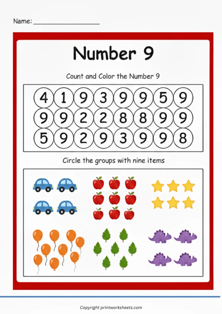Number 9 Counting Worksheet Learn Nine