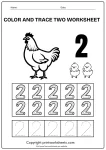 Free printable trace and color worksheet for preschool featuring a rooster, two chicks, and the number 2