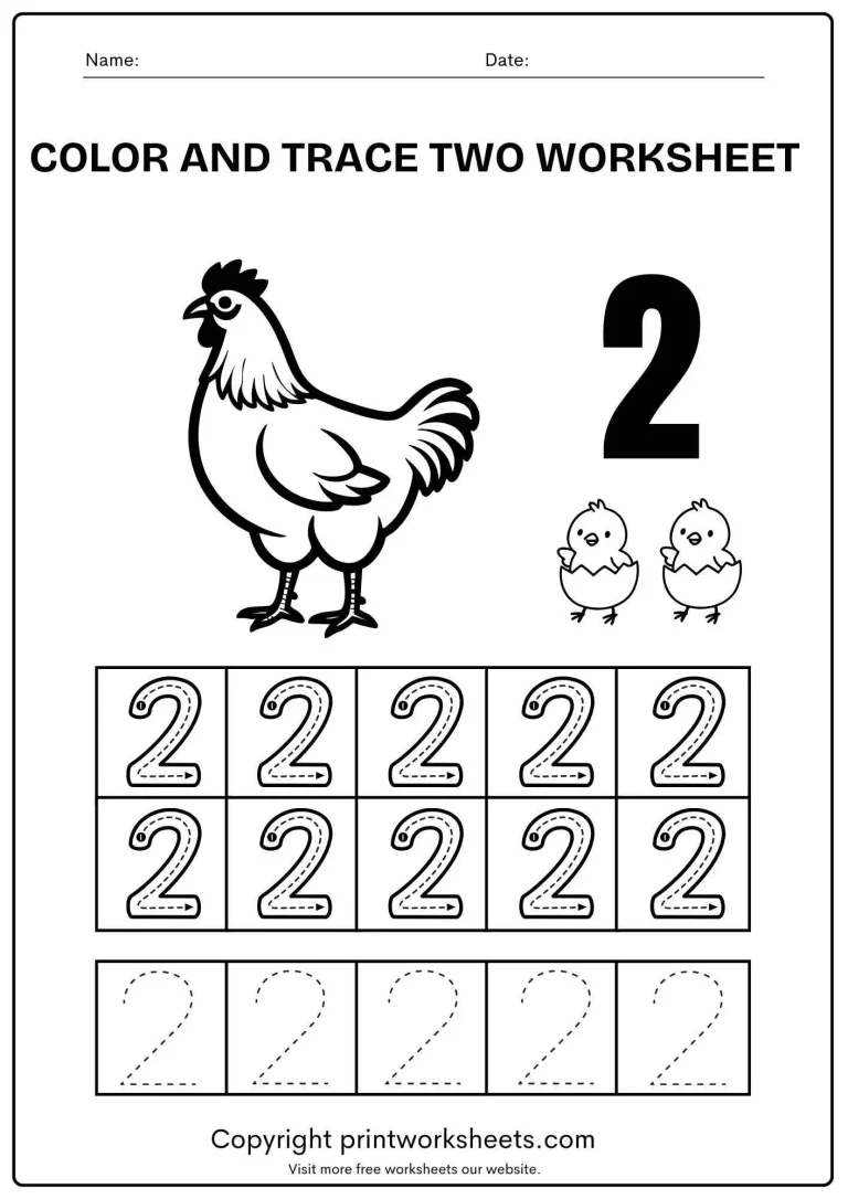 Free printable trace and color worksheet for preschool featuring a rooster, two chicks, and the number 2