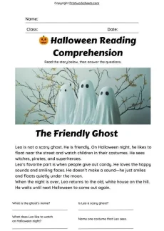 Reading Comprehension Worksheet - Halloween Reading Comprehension – The Friendly Ghost (Free Printable Worksheet) | Free Printable