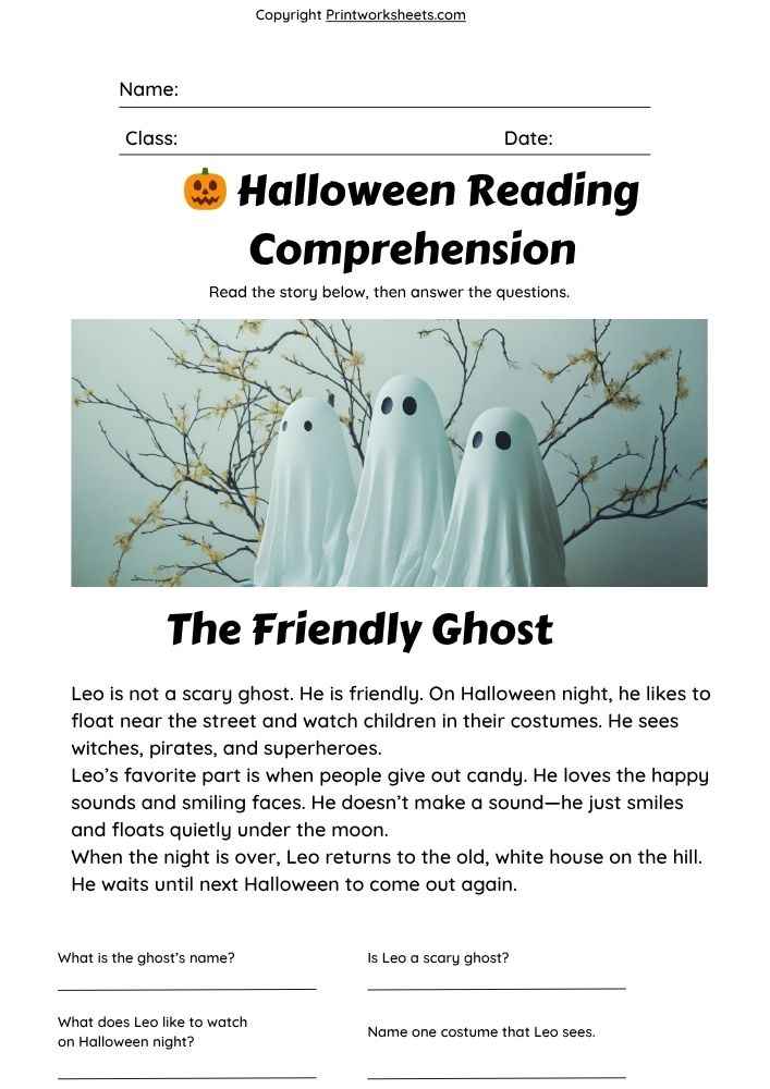Download Halloween Reading Comprehension – The Friendly Ghost (Free Printable Worksheet) - Free Reading Worksheets Worksheet Reading Worksheets Worksheet - Halloween Reading Comprehension – The Friendly Ghost (Free Printable Worksheet) | Free Printable