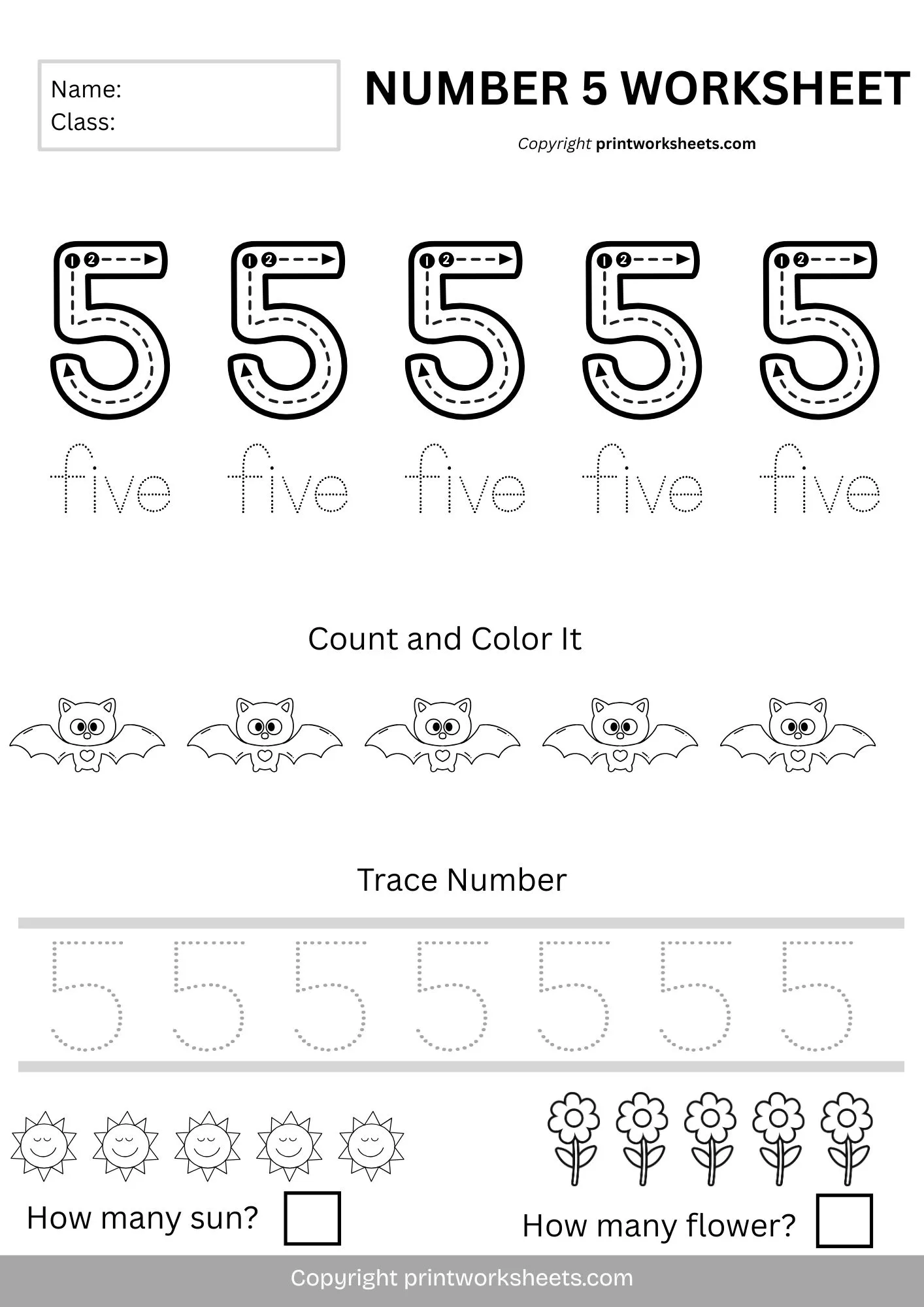 Number Tracing Worksheets Worksheet - Number 5 Worksheet for Kindergarten PDF Format FREE | Free Printable