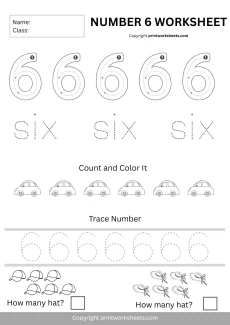 Number Recognition Worksheets Worksheet - Number 6 Worksheet – Trace, Count & Color for Kindergarten (Free Printable PDF) | Free Printable
