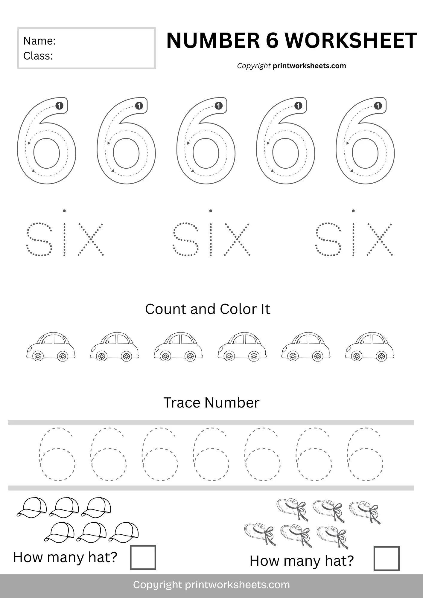 Counting Worksheets Worksheet - Number 6 Worksheet – Trace, Count & Color for Kindergarten (Free Printable PDF) | Free Printable