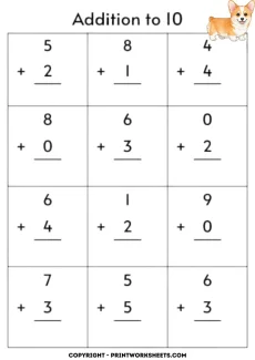 Addition Worksheets Worksheet - Kindergarten Addition Worksheets 1-10 (Simple Sums & Corgi Theme) | Free Printable