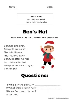 Reading Comprehension Worksheet - Level A Reading Comprehension Worksheets (Ben’s Hat Story PDF) | Free Printable