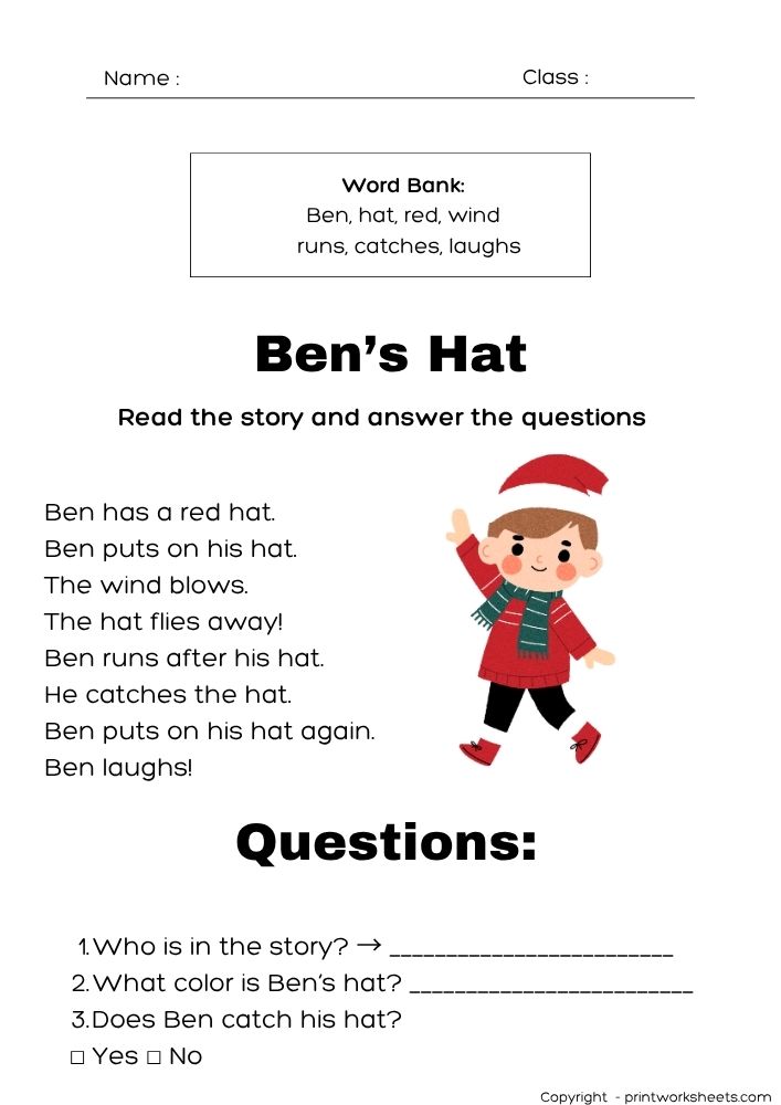 Download Level A Reading Comprehension Worksheet – Ben’s Hat (Free Printable) - Free Leveled Stories Worksheet Leveled Stories Worksheet - Level A Reading Comprehension Worksheet – Ben’s Hat (Free Printable) | Free Printable