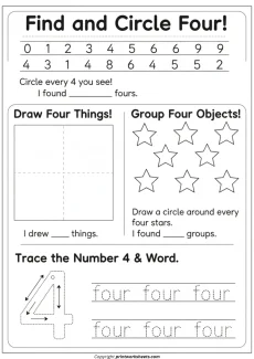 Number Recognition Worksheets Worksheet - Circle, Count, Create: Number 4 Practice Worksheet for Kindergarten | Free Printable