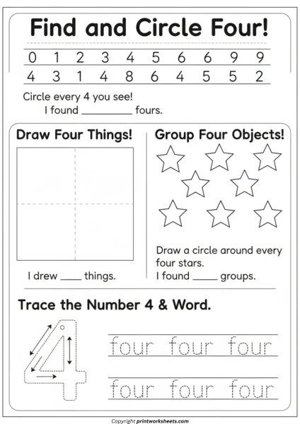 Circle, Count, Create: Number 4 Practice Worksheet for Kindergarten