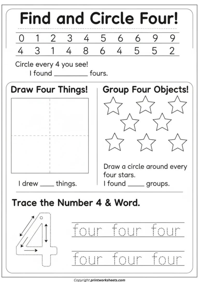 Circle, Count, Create: A Thoughtful Number 4 Practice Page for Kindergarten Kindergarten number four practice page