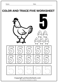 Number Tracing Worksheets Worksheet - Trace and Color Number 5 Worksheet for Preschool | Free Printable