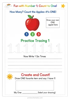 Counting Worksheets Worksheet - Kindergarten Counting Worksheets for Number 1 (Free Printable PDF) | Free Printable