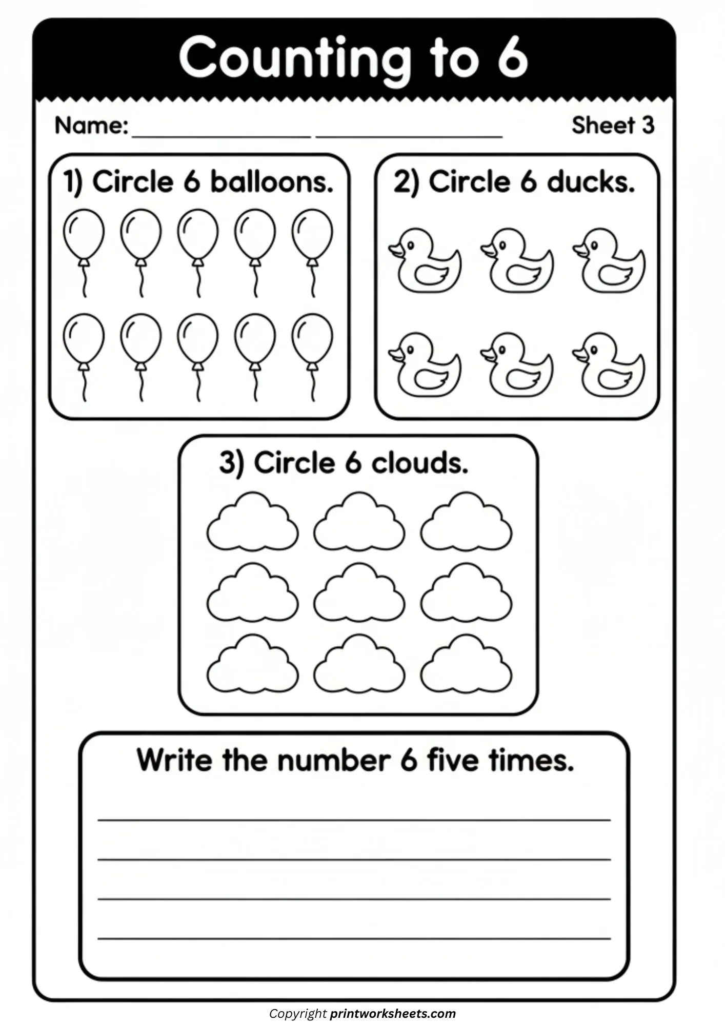 Counting Worksheets Worksheet - Counting to 6 – Gentle Practice with Balloons, Ducks & Clouds | Free Printable