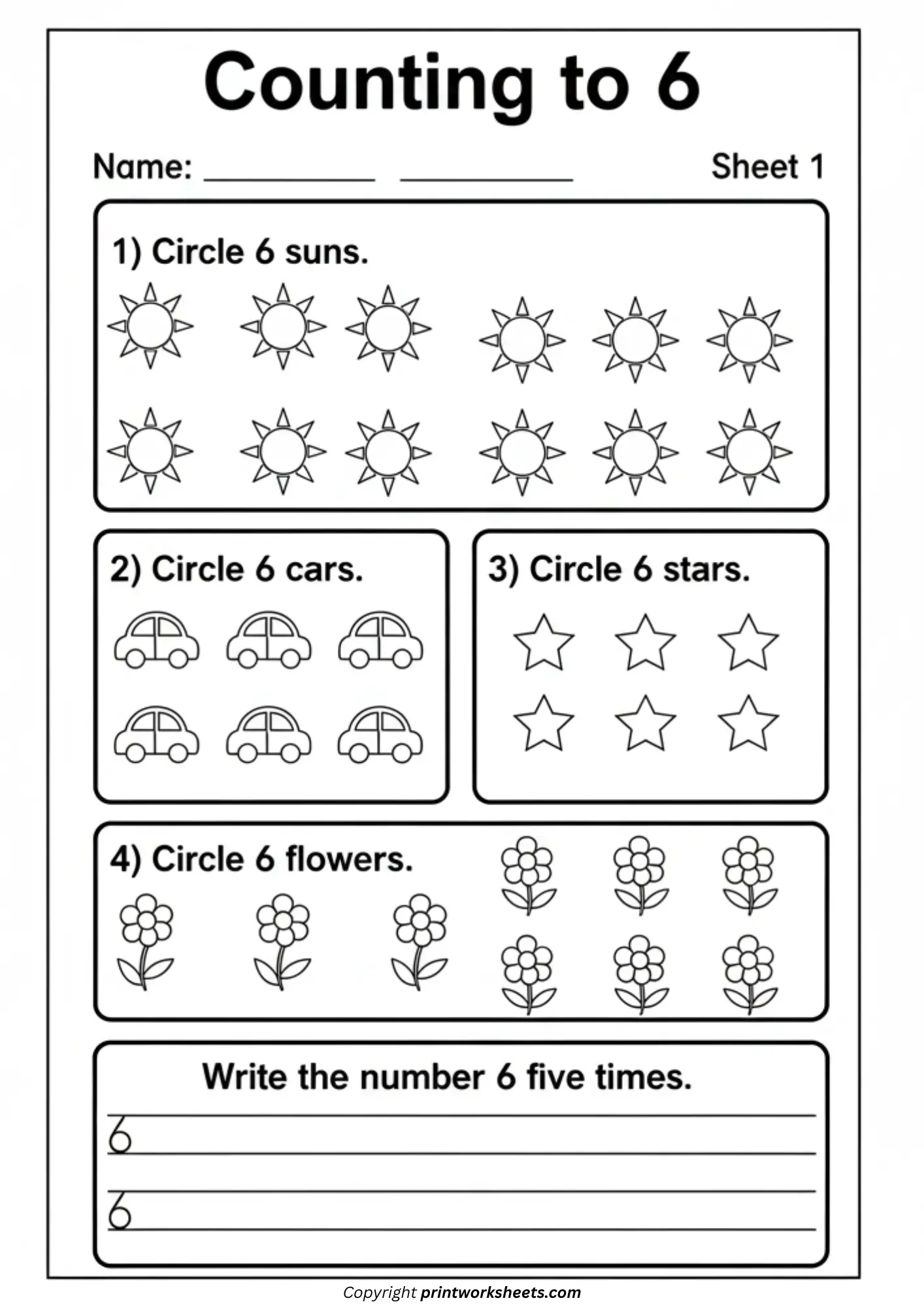 Counting Worksheets Worksheet - Counting to 6 – Simple, Clear Kindergarten Math Practice | Free Printable