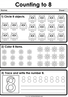 Counting Worksheets Worksheet - Counting to 8 – Kindergarten Math Practice Worksheet Free | Free Printable