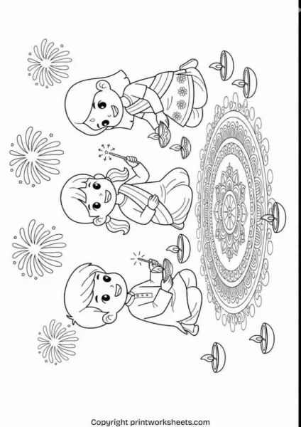 Diwali Coloring Pages for Kids – Festive Diyas, Fireworks & Rangoli