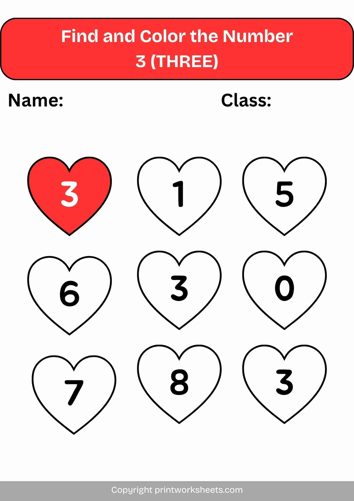 Number Sense Worksheet - Free Number 3 Find and Color Worksheet (Heart Theme) | Free Printable