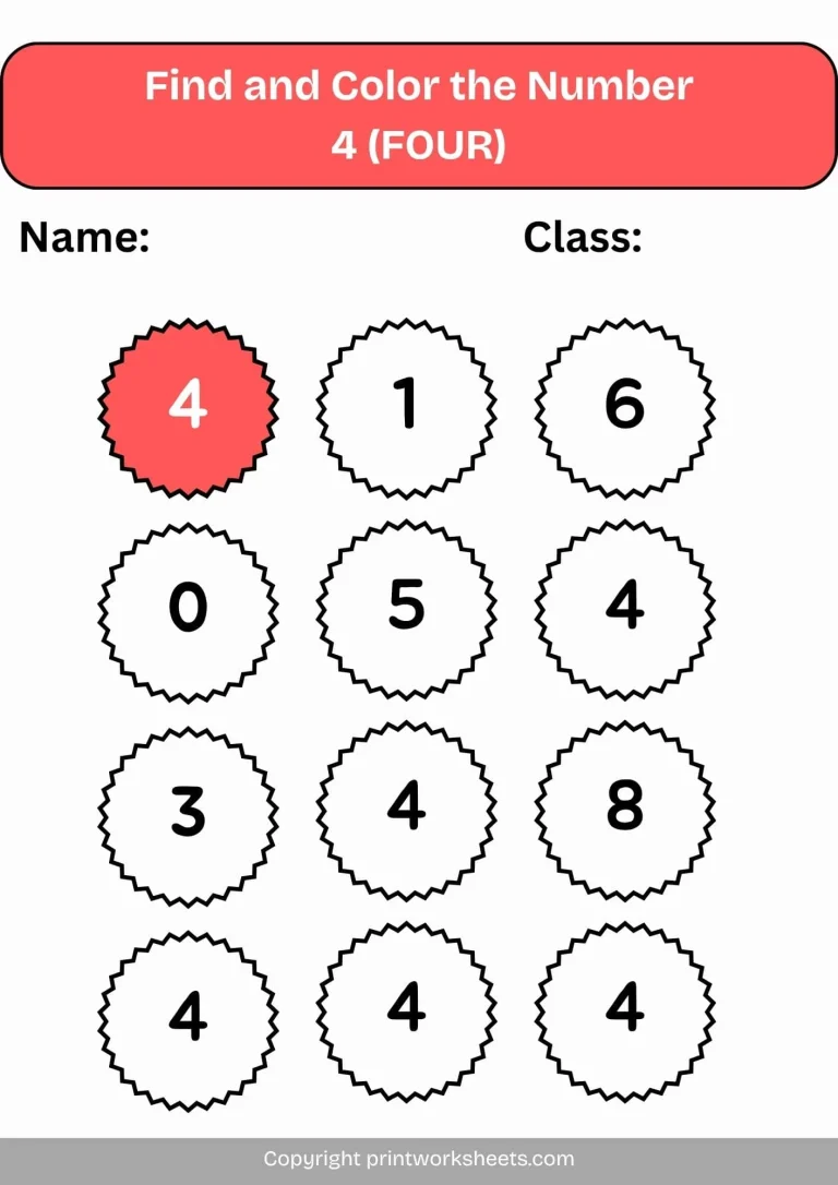 find and color the number 4 (four)-min Printable Find And Color the Number 4 Worksheet