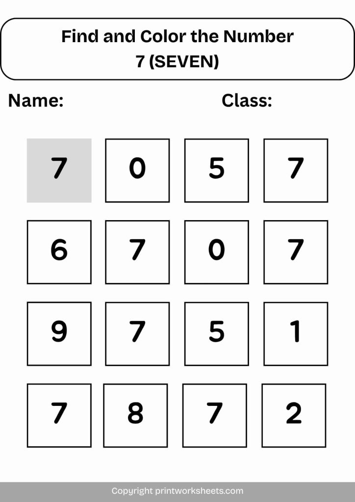 find and color the number 7 (seven)-min Find and Color Number 7 Number Seven Worksheet