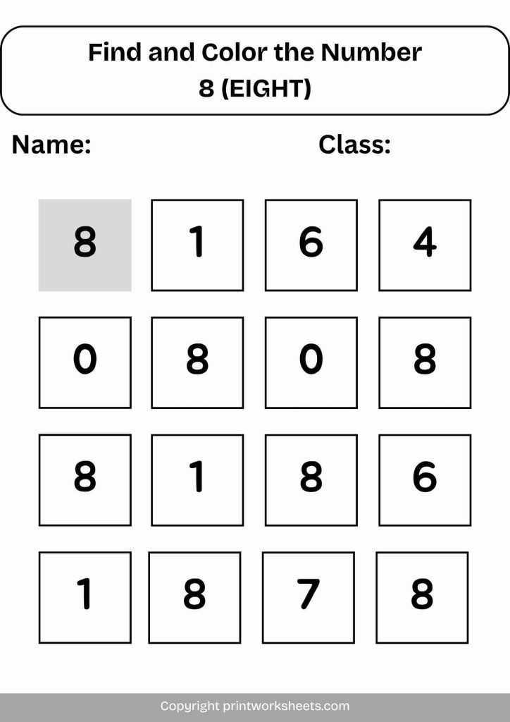 find and color the number 8 (eight)-min Free Printable Find the Number 8 Worksheet