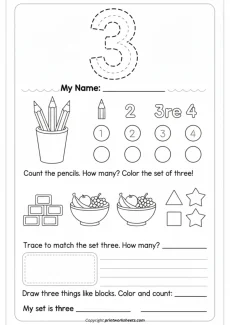 Counting Worksheets Worksheet - Kindergarten Number 3 Counting Practice Worksheet | Free Printable