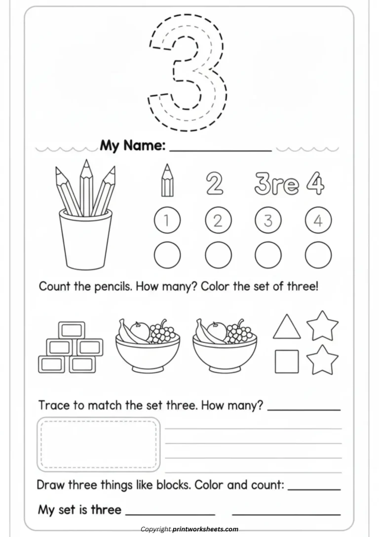 Kindergarten number three counting worksheet