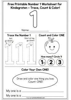 Counting Worksheets Worksheet - Free Printable Number 1 Worksheet for Kindergarten – Trace, Count & Color! | Free Printable