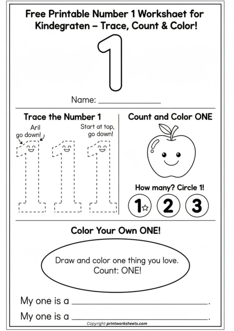 Kindergarten number one worksheet