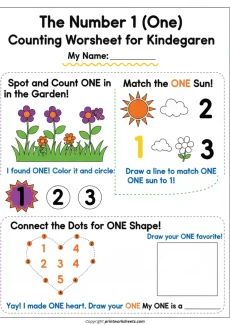 Counting Worksheets Worksheet - Free Printable Number 1 Worksheet for Kindergarten – Trace, Count, and Match | Free Printable