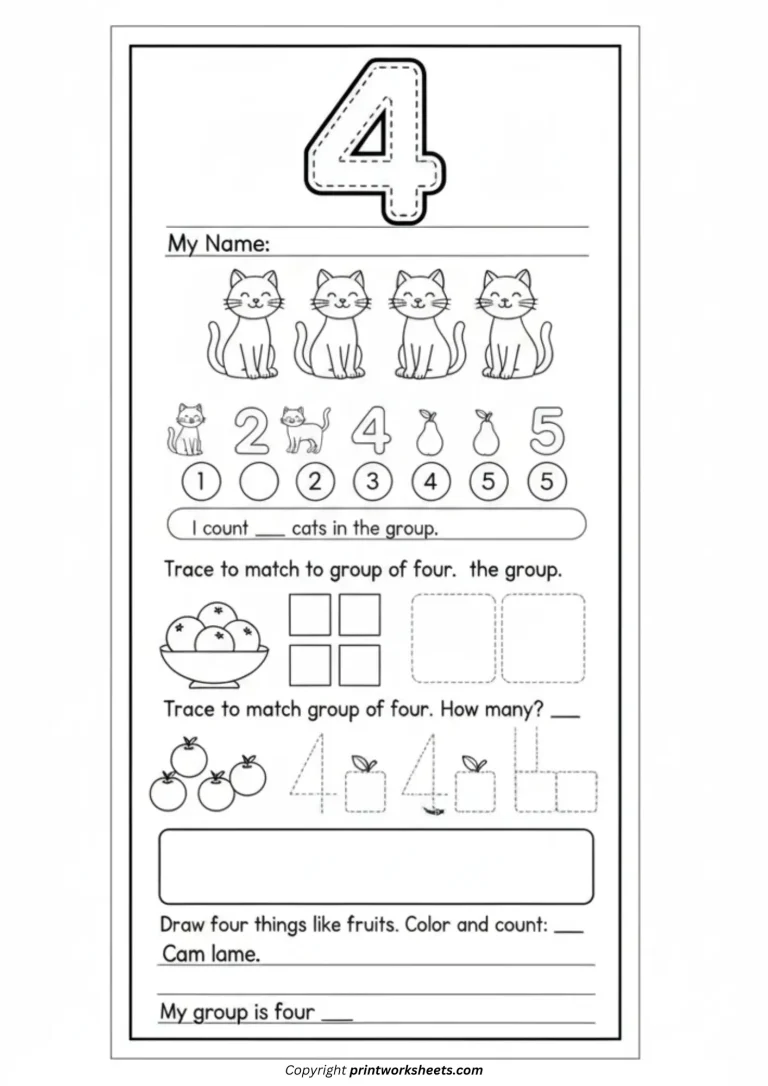 Kindergarten number four worksheets