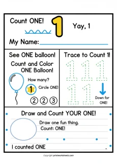 Counting Worksheets Worksheet - Fun & Easy Number 1 Worksheet – Perfect for Preschool and Kindergarten Math Practice | Free Printable