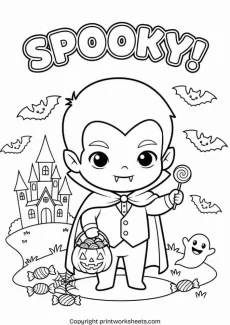 Coloring Pages Worksheet - Spooky Coloring Pages – Cute Vampire with Candy & Bats (Free Printable) | Free Printable