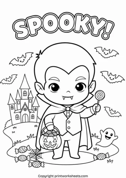 Spooky Coloring Pages – Cute Vampire with Candy & Bats (Free Printable)