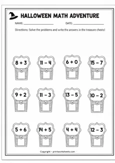 Addition Worksheets Worksheet - Halloween Math Adventure Worksheet – Solve Problems in Treasure Chests | Free Printable