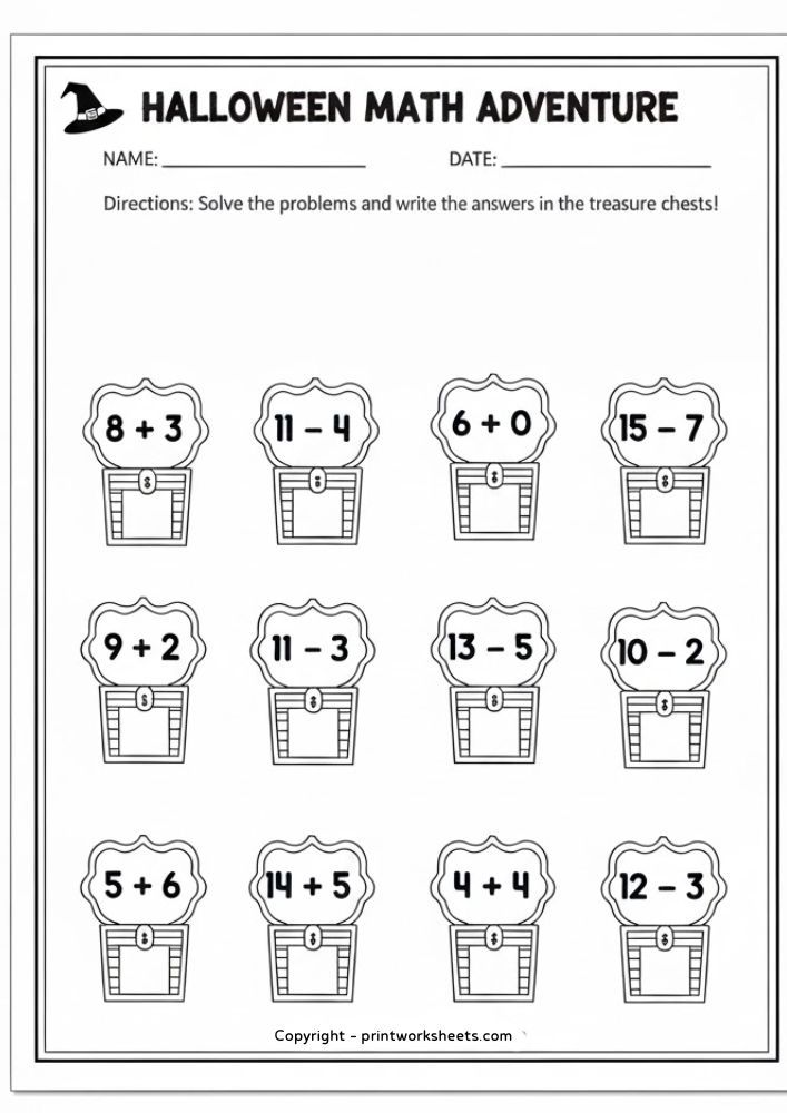 Download Halloween Math Adventure Worksheet – Solve Problems in Treasure Chests - Free Math Worksheets Worksheet Math Worksheets Worksheet - Halloween Math Adventure Worksheet – Solve Problems in Treasure Chests | Free Printable