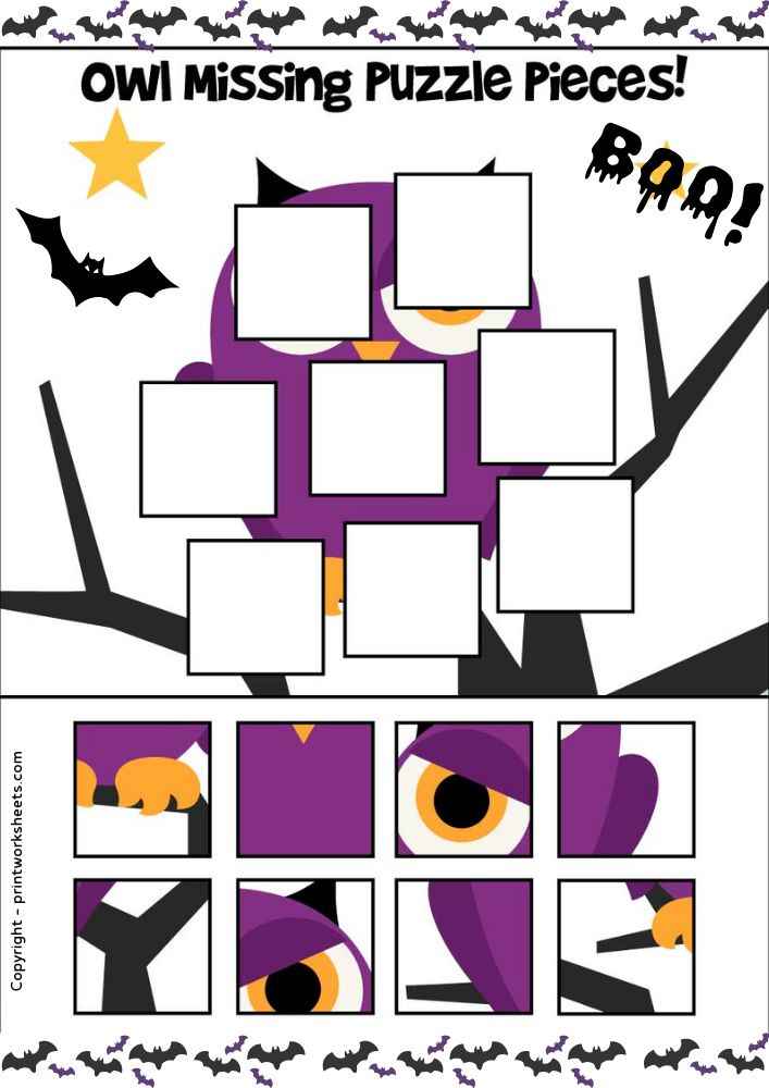 Download Halloween Puzzle Worksheet – Owl Missing Puzzle Pieces (Free Printable) - Free Halloween Worksheets Worksheet Halloween Worksheets Worksheet - Halloween Puzzle Worksheet – Owl Missing Puzzle Pieces (Free Printable) | Free Printable