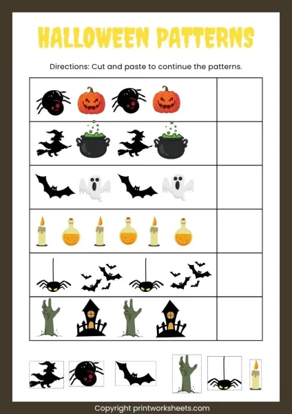 Halloween Pattern Worksheets Preschool – Cut, Paste & Complete the Sequence