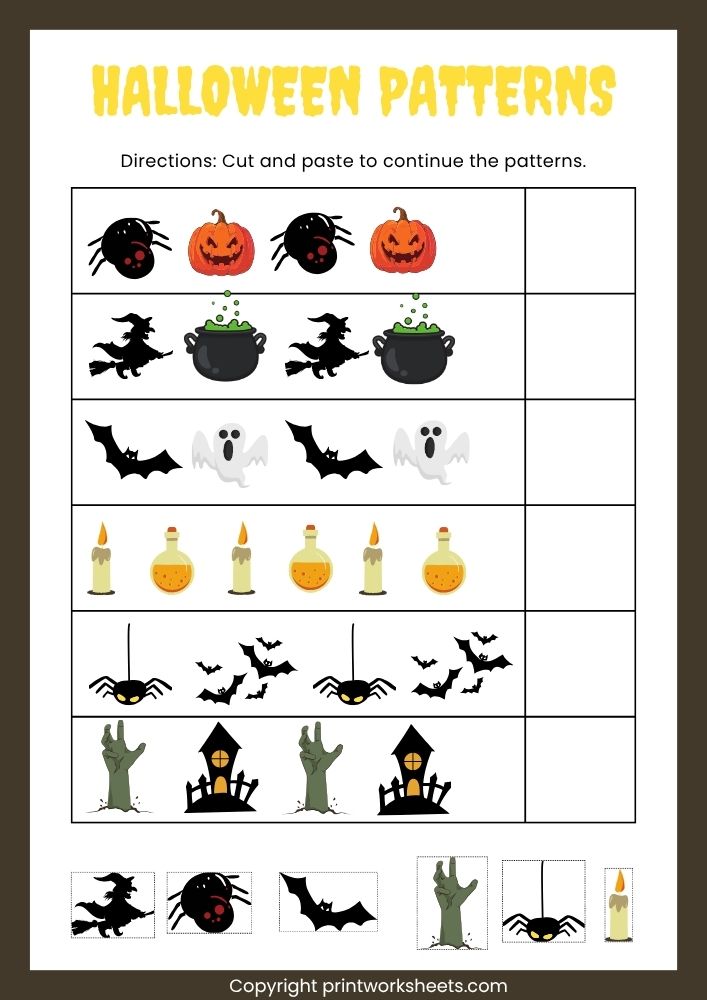 Download Halloween Pattern Worksheets Preschool – Cut, Paste & Complete the Sequence - Free Halloween Worksheets Worksheet Halloween Worksheets Worksheet - Halloween Pattern Worksheets Preschool – Cut, Paste & Complete the Sequence | Free Printable