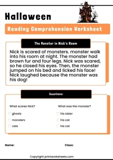 Reading Comprehension Worksheet - Halloween Reading Comprehension PDF – The Monster in Nick’s Room (Free Printable) | Free Printable