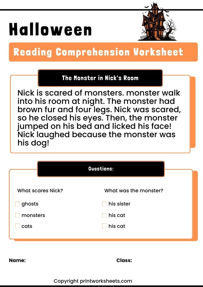 Download Halloween Reading Comprehension PDF – The Monster in Nick’s Room (Free Printable) - Free Reading Worksheets Worksheet Reading Worksheets Worksheet - Halloween Reading Comprehension PDF – The Monster in Nick’s Room (Free Printable) | Free Printable