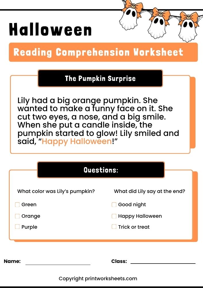 Download Halloween Reading Comprehension Worksheet – The Pumpkin Surprise (Free Printable) - Free Reading Worksheets Worksheet Reading Worksheets Worksheet - Halloween Reading Comprehension Worksheet – The Pumpkin Surprise (Free Printable) | Free Printable
