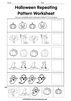 Math Worksheets Worksheet - Halloween Repeating Pattern Worksheet – Cut, Glue & Complete the Sequence | Free Printable