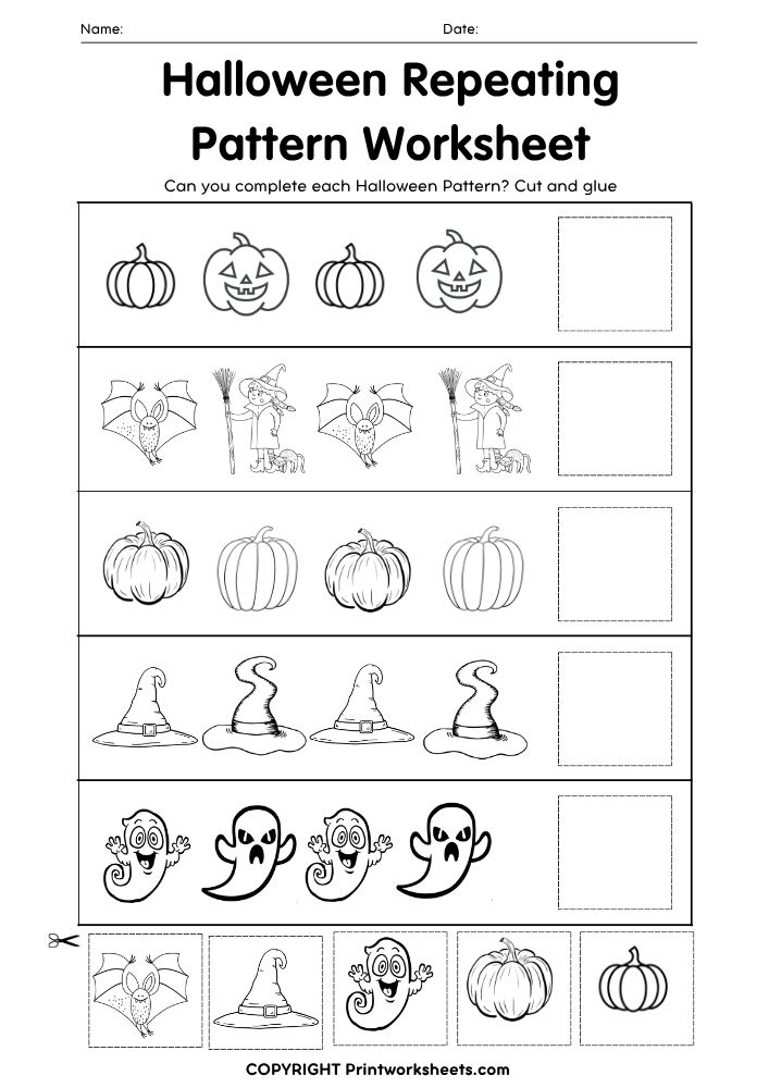 Download Halloween Repeating Pattern Worksheet – Cut, Glue & Complete the Sequence - Free Halloween Worksheets Worksheet Halloween Worksheets Worksheet - Halloween Repeating Pattern Worksheet – Cut, Glue & Complete the Sequence | Free Printable